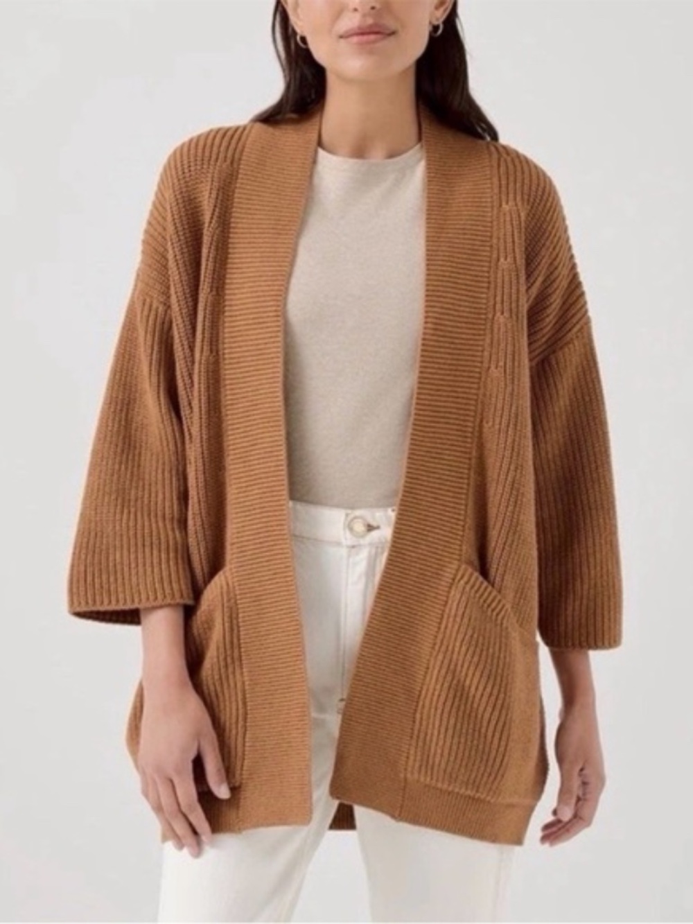 Pact Luxe Knit Open Coatigan Ribbed Knit Cardigan Camel M/L NWOT